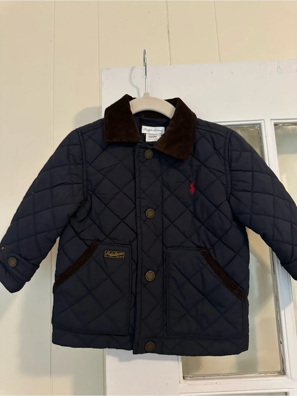Ralph Lauren Navy Quilted baby Jacket with Brown Corduroy Collar (12 months)